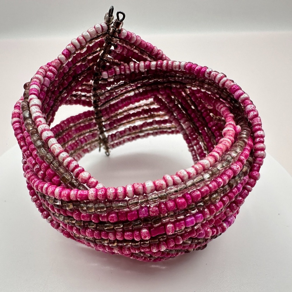 Vintage Y2K Beaded Memory Wire Cuff Bracelet Boho Statement Jewelry Pink